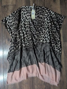 Club Moda Women's Leopard Print Colorblock Kimono One Size NWT! Fringe Hemline - Picture 1 of 14