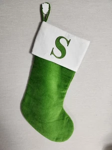 Large Monogrammed Initial "S" Velvet Christmas Stocking Green White 18"x11" - Picture 1 of 6