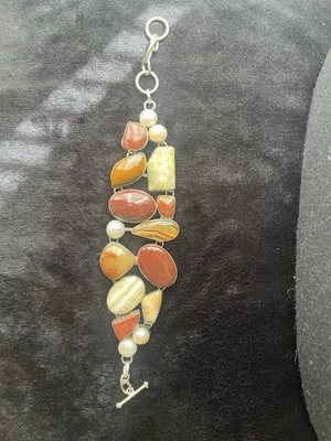 Pulsera hecha a mano de plata de ley 925, ágata y perlas Foto 1 de 4