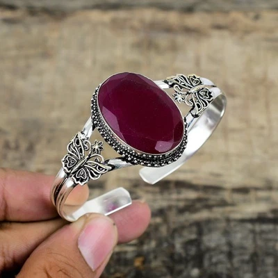 Lab Created Ruby Gemstone Handmade 925 Sterling Silver Bangle Adjustable Cuff - Image 1 of 4