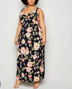 Mela London Curve Floral Maxi Dress Navy Blue Mix UK 20 EU 48 - Picture 1 of 9