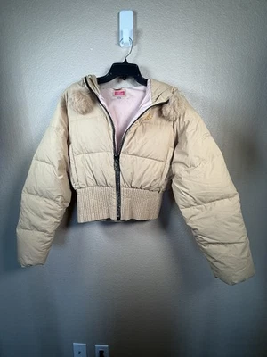 Фетиш пуховик куртка женщин большой бежевый укороченный с капюшоном искусственного меха Y2K Streetwear - Изображение 1 из 4