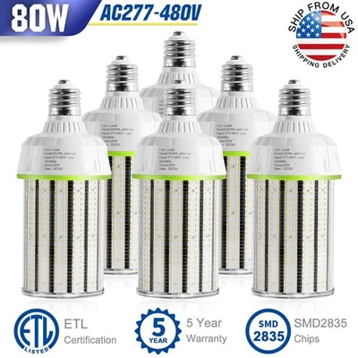 6-Pack (300W Equal) LED Corn Light 80W Commercial Warehouse Workshop Bulb AC480V - Image 1 of 4