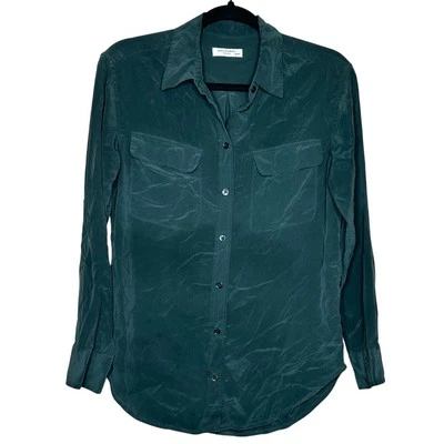 Blusa Camisa Equipment Mujer 100% Seda Abotonada Verde Sólido Talla XS Foto 1 de 4