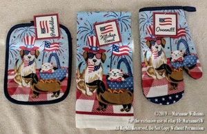 New PATRIOTIC AMERICAN FLAG 3 PC KITCHEN SET DACHSHUND DOG & CAT FOURTH 4th JULY - Picture 1 of 1