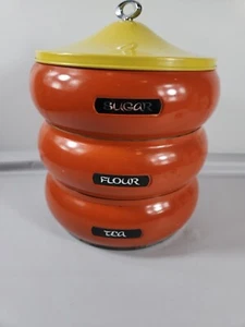 Vtg MCM Lincoln Beauty Ware Orange/Red Pagoda Canister Set Flour Tea Sugar USA - Imagen 1 de 17