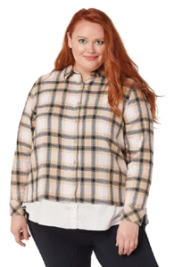 Isaac Mizrahi Live! Plus 22 Plaid Button Front Layered Shirt Neutral Tan 22W - Picture 1 of 9