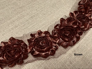 Shiny Metallic Shabby Chiffon Flower Trim Frayed Hair Rose Bridal Lace - By YARD - Picture 1 of 33