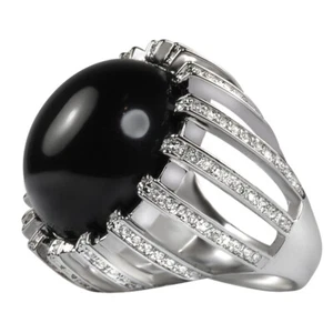 FASHION COCKTAIL LARGE RING RHODIUM PLATED CRYSTAL BLACK ROUND RESIN US SIZE 6 - Picture 1 of 1