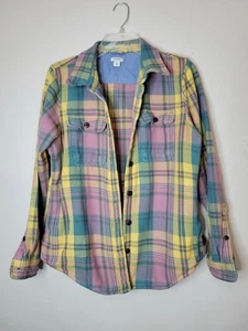 LL Bean Womens Plaid Fannel Shacket Pink Yelllow Pocket Button Up Shirt Jacket S - Picture 1 of 17