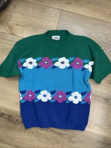 VTG Cristin Stevens Floral Retro Pullover Sweater Medium Shortsleeve Multicolor - Picture 1 of 6