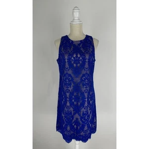 Eliza J Lace Overlay Formal Sheath Dress Sleeveless Women 8 Blue Career Cocktail - Picture 1 of 11