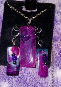 3Pc SET DRAGON VEINS AGATE PENDANT & EARRINGS W/ BEADS PURPLE GREEN BLUE WHITE  - Picture 1 of 17