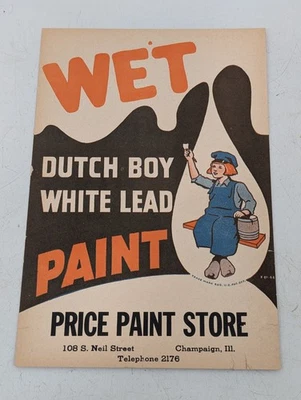 Vintage Wet PAINT White Lead Dutch Boy Painting Cardstock Sign Champaign IL  - Image 1 of 4