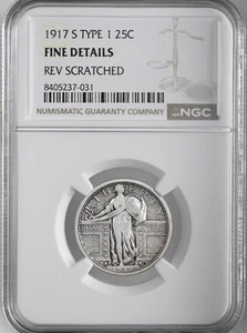 1917-S  25C STANDING LIBERTY QUARTER T1 NGC FINE DETAILS REV SCRATCH 8405237-031 - Picture 1 of 4