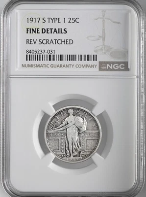 1917-S  25C STANDING LIBERTY QUARTER T1 NGC FINE DETAILS REV SCRATCH 8405237-031 - Image 1 of 4