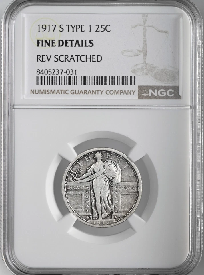 1917-S  25C STANDING LIBERTY QUARTER T1 NGC FINE DETAILS REV SCRATCH 8405237-031 - Image 1 of 4
