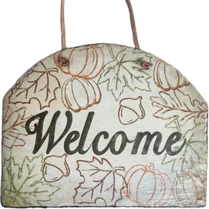 Handbemaltes Schiefer Willkommensschild Herbst Blätter Blatt Lederband Aufhänger Haustür  - Bild 1 von 9