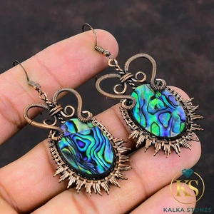Pendientes colgantes de cobre concha de abulón para cumpleaños envueltos en alambre joyería - Imagen 1 de 6