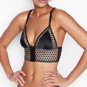 Victoria's Secret Starburst Long Line Triangle Bra L Black Embroidered NEW NWT - Picture 1 of 3