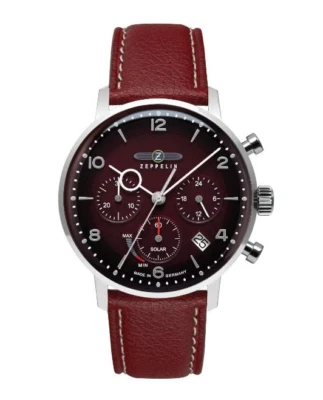 Zeppelin Red Dial Solar Watch Hindenburg Chronograph Leather Band 8086-2N LZ-129 - Image 1 of 4