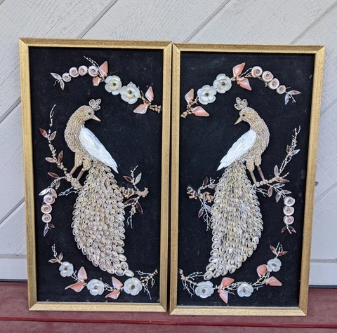 Pair of Sea Shell Art Peacock Birds On Velvet Wall Hanging Vintage MCM 13 x 25 Cover