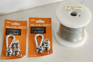 Everbilt Wire Rope Clip & Thimble Sets 3/32" x 1/8" 292141 & 50ft Wire Zinc  - Picture 1 of 5