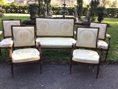 Antique French Louis XVI Carved Parlor  Settee 4 Arm  Chairs Scalamandre - Image 1 of 4
