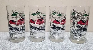 Vtg SET 4 LIBBEY Glass TUMBLER Horse Sleigh Winter Country SNOW SCENE 12 oz - Picture 1 of 11