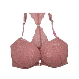 ⭐Pink Victoria PINK 32DD Push Up Wire BRA Dusty Pink Lace Front Close Racerback - Picture 1 of 8
