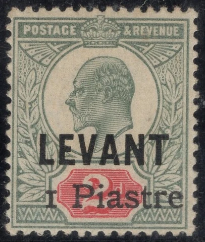 BRITISH LEVANT-1906 1pi on 2d Grey Green & Carmine. Superb unmounted mint, cert Cover