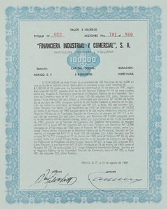 MEXICO B/60b."FINANCIERA INDUSTRIAL Y COMERCIAL" 100 acciones; valor $100,000-22 - Picture 1 of 2
