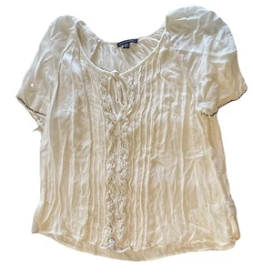 Top donna American Eagle boho grande bianco manica corta all'uncinetto con perline - Foto 1 di 4