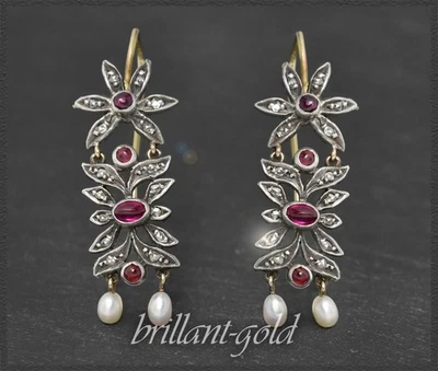 Antike Diamant, Rubin & Perlen Ohrringe aus Gold & Silber, Jugendstil um 1900 - Bild 1 von 4