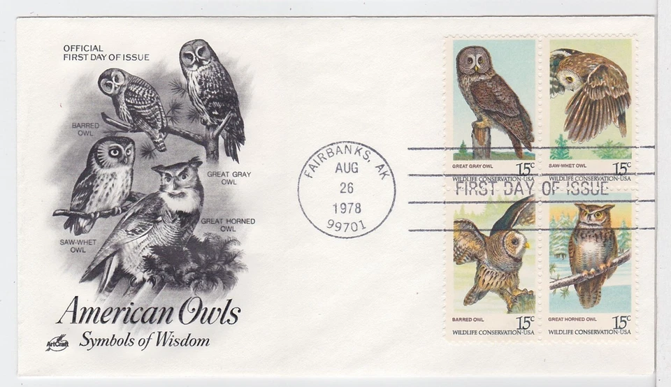 TurtlesTradingPost- American Owls 1978 #1760-63  FDC-Artcraft Hand Cancel - Image 1 of 1