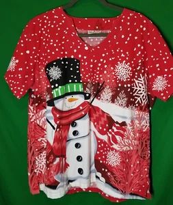 UA Scrubs Red Holiday Christmas Snowman Women's Scrub Top Size Large Party - Picture 1 of 5