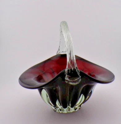 Ruby Red Glass Basket with Twisted Clear Glass Handle – Stunning Vintage 1960s - image 1 of 4