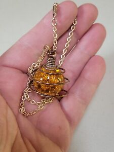 Unique German Citrine Glass Orb Pendant Necklace On Gold Spun Chain