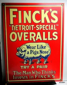 Vintage Pig Hog Detroit Finck's Overalls Enamel Metal Sign Man Who Thinks - Picture 1 of 5
