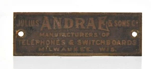 VINTAGE JULIUS ANDRAE & SONS CO. BRASS NAME PLATE MANUFACTURER OF TELEPHONES - Picture 1 of 3
