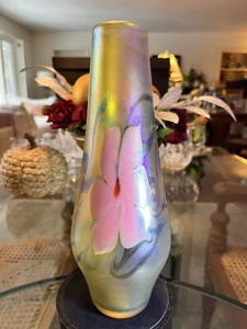 Vandermark 1979 10.5” Art Glass Vase Pink Anemone Flowers Favrile Aurene DM/SS - Picture 1 of 20
