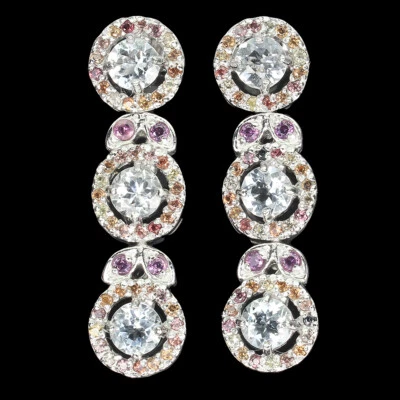 925 Sterling Silver Earrings Round Aquamarine Rhodolite Sapphire Gemstone - Image 1 of 4