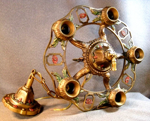 Chandelier 1930`s 5 Light Ceiling Light Lamp Art Nouveau Deco Restored Excellent Cover