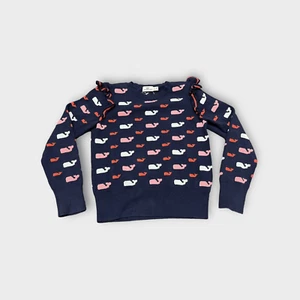 VINEYARD VINES Sweater Girls Size M Allover Whale Ruffle Fair-isle Deep Bay Blue - Picture 1 of 10