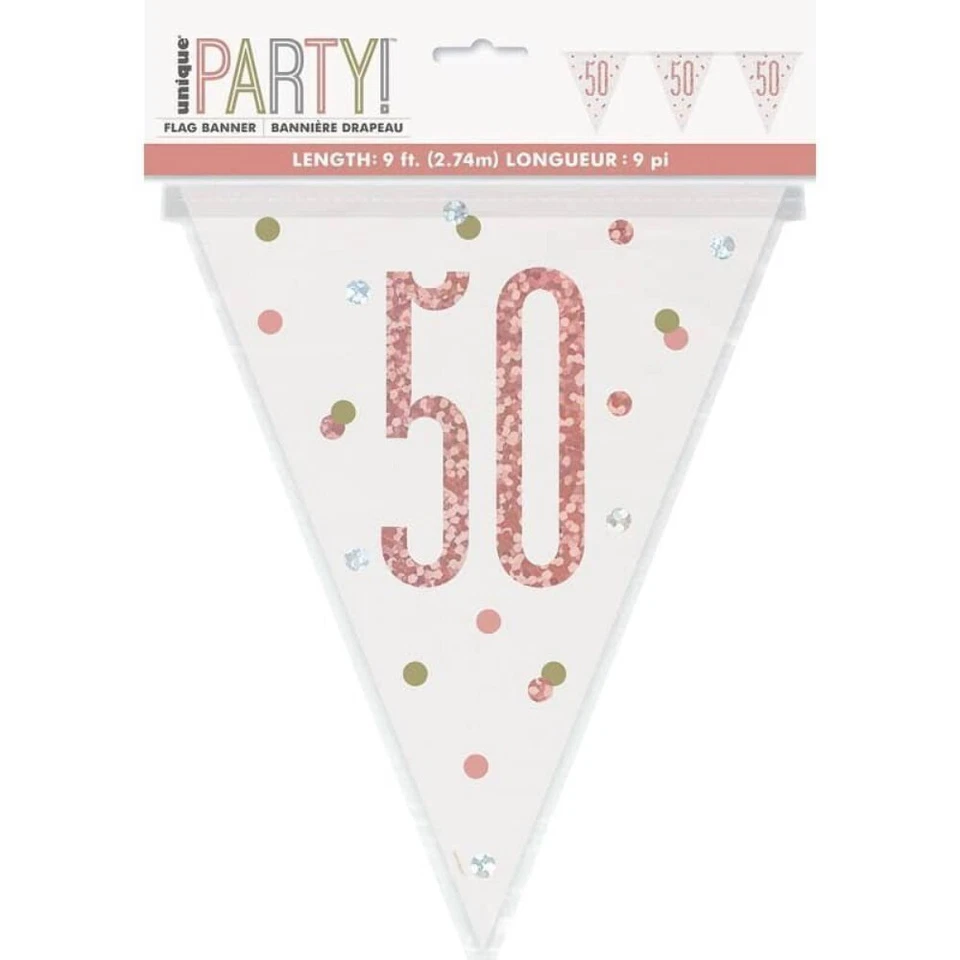 Rose Gold 50th Birthday Party Prismatic Foil Bunting Flag Banner 2.74m (9') - image 1 of 1