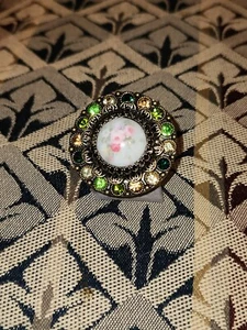 Gorgeous Lg 1.5" Stretch Band Ring Rhinestones Painted Floral Ceramic Center #38 - Picture 1 of 4