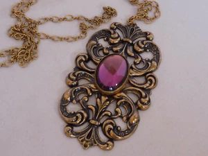 Vintage Large Brass or Copper Filigree Pendant Necklace Purple Glass Cabochon - Picture 1 of 5