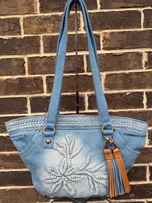 NWT PATRICIA NASH Marconia denim large tote w tassel Lacing denim blue - Image 1 of 4