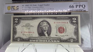 🔥1963 $2 Two Dollar Bill Note Serial Number A13343864A 66 PCQ GEM UNC🔥 - Picture 1 of 2