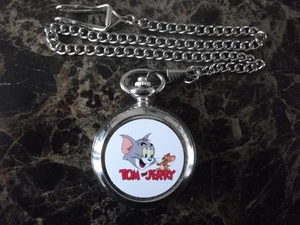TOM AND JERRY CHROME POCKET WATCH WITH CHAIN (NEW) - Picture 1 of 3